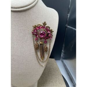 Vintage  Russian Soviet Bronze Beautiful Lacy Women's Brooch Pendant Flower Pink